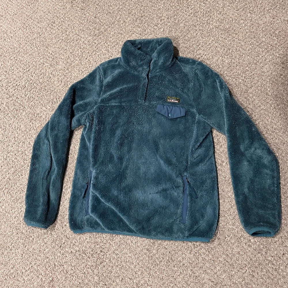 LLBEAN Women XS Sweater Fleece Pullover Blue Green Soft Warm 1/4 Zip Snap EUC